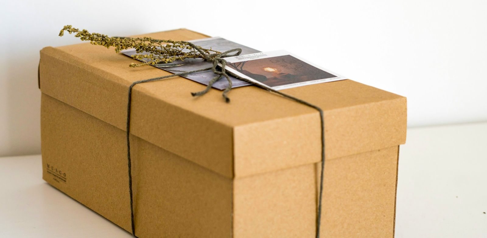 In braunes Papier eingepacktes Geschenk mit einem kleinen Zweig und Karten darauf.